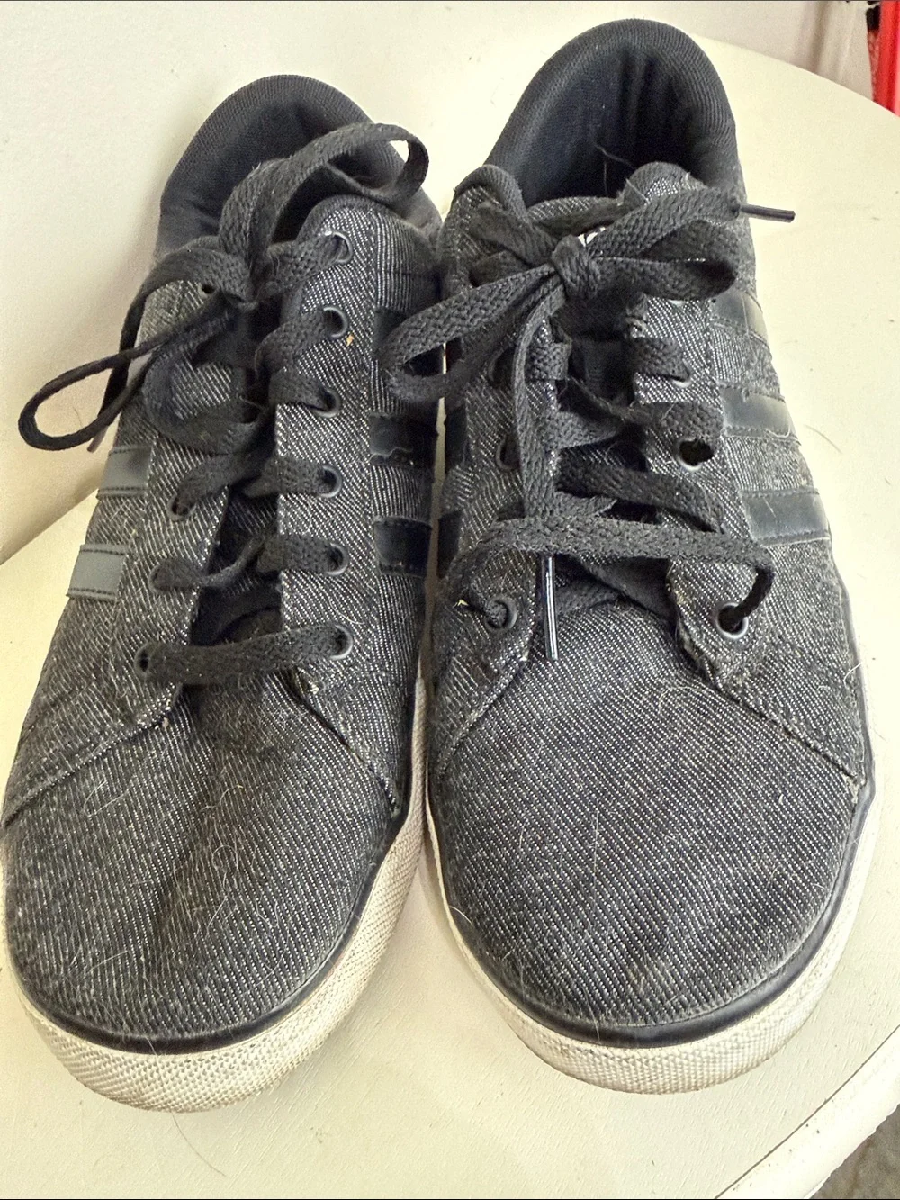 (2381) Adidas Men's Low-Top Black Denim Lace-Up Sneakers, Size: 9.5